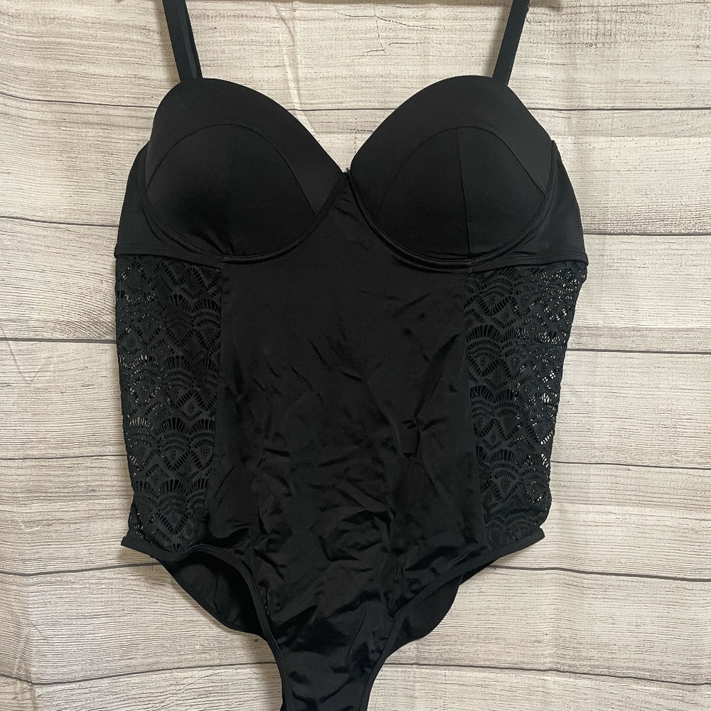 Meet Curve Plus Size Balconette Lace Panel Detail One Piece Swim Suit